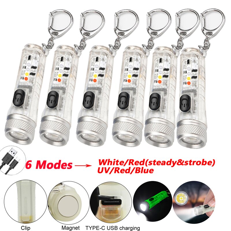 LED Keychain Mini Pocket Light Flashlight Flash Lights USB Rechargeable Waterproof Outdoor Cycling Camping Hunting Working Light