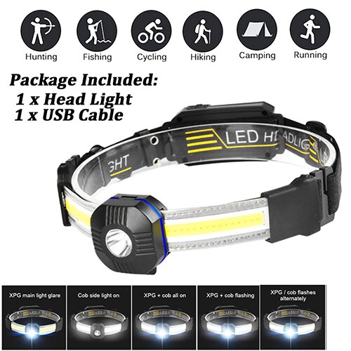 1pcs Powerful Headlamp COB LED Flashlight Waterproof USB Rechargeble Warning Headlight Torch for Outdoor Fishing Cycling Camping