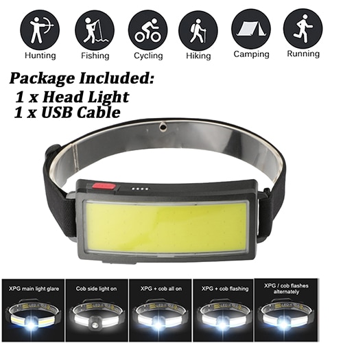1pcs Powerful Headlamp COB LED Flashlight Waterproof USB Rechargeble Warning Headlight Torch for Outdoor Fishing Cycling Camping