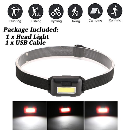 1pcs Powerful Headlamp COB LED Flashlight Waterproof USB Rechargeble Warning Headlight Torch for Outdoor Fishing Cycling Camping