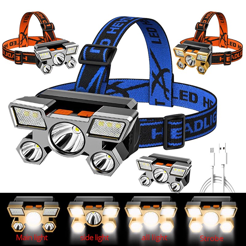 5LED Strong Headlamp with Built-in 18650 Battery USB Rechargeable Portable Flashlight Lantern Headlamp Outdoor Camping Headlight