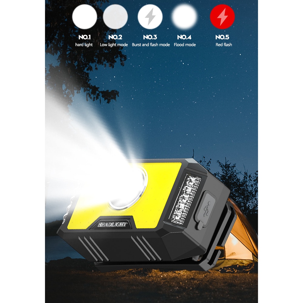 T6 Powerful Headlamp COB 10LED Flashlight Waterproof USB Rechargeble Warning Headlight Torch for Outdoor Fishing Cycling Camping