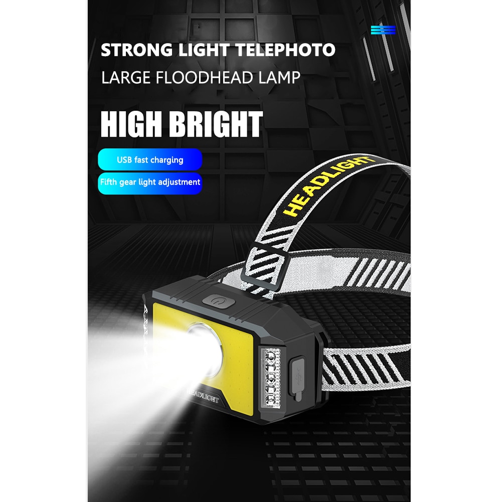 T6 Powerful Headlamp COB 10LED Flashlight Waterproof USB Rechargeble Warning Headlight Torch for Outdoor Fishing Cycling Camping