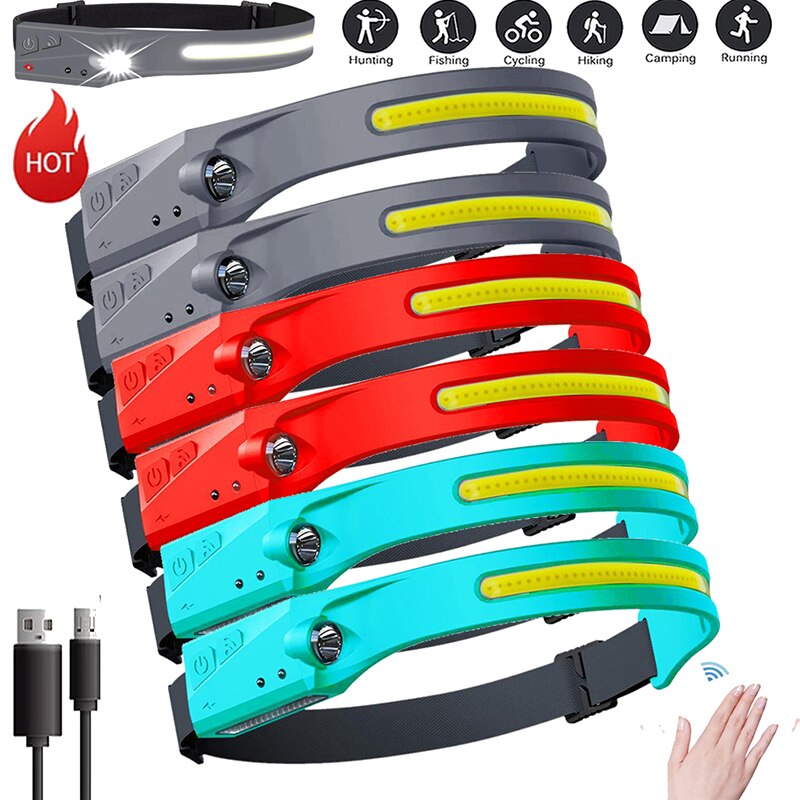2Pcs LED COB Headlamp Sensor Flashlight USB Rechargeable Waterproof Headlight for Running Camping Cycling Outdoor Headtorch Lamp
