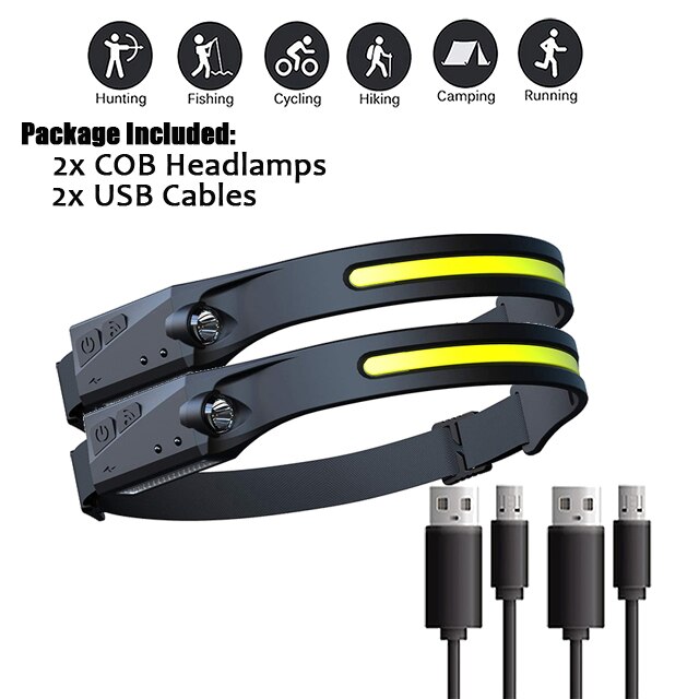 2Pcs LED COB Headlamp Sensor Flashlight USB Rechargeable Waterproof Headlight for Running Camping Cycling Outdoor Headtorch Lamp