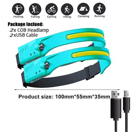 2Pcs LED COB Headlamp Sensor Flashlight USB Rechargeable Waterproof Headlight for Running Camping Cycling Outdoor Headtorch Lamp
