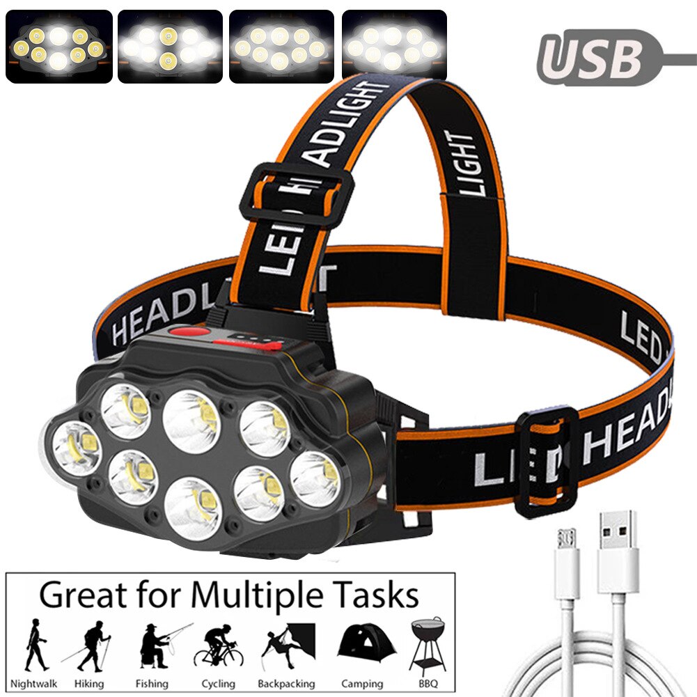 12LED Powerful Fishing Headlight USB Rechargeable Long-Range Flashlight