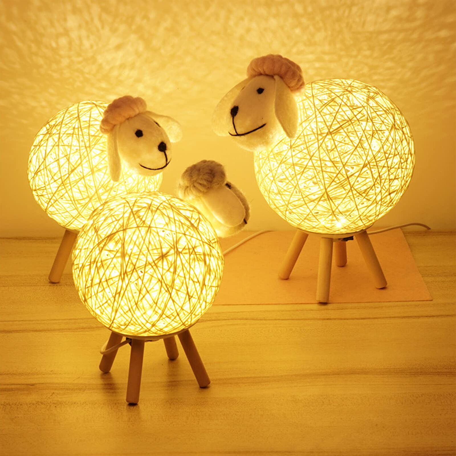 Sheep LED Night Light Bedside Moon Lamp Hand-woven Lampshade Cute Sleep Christmas Decoration Animals Night lamp for