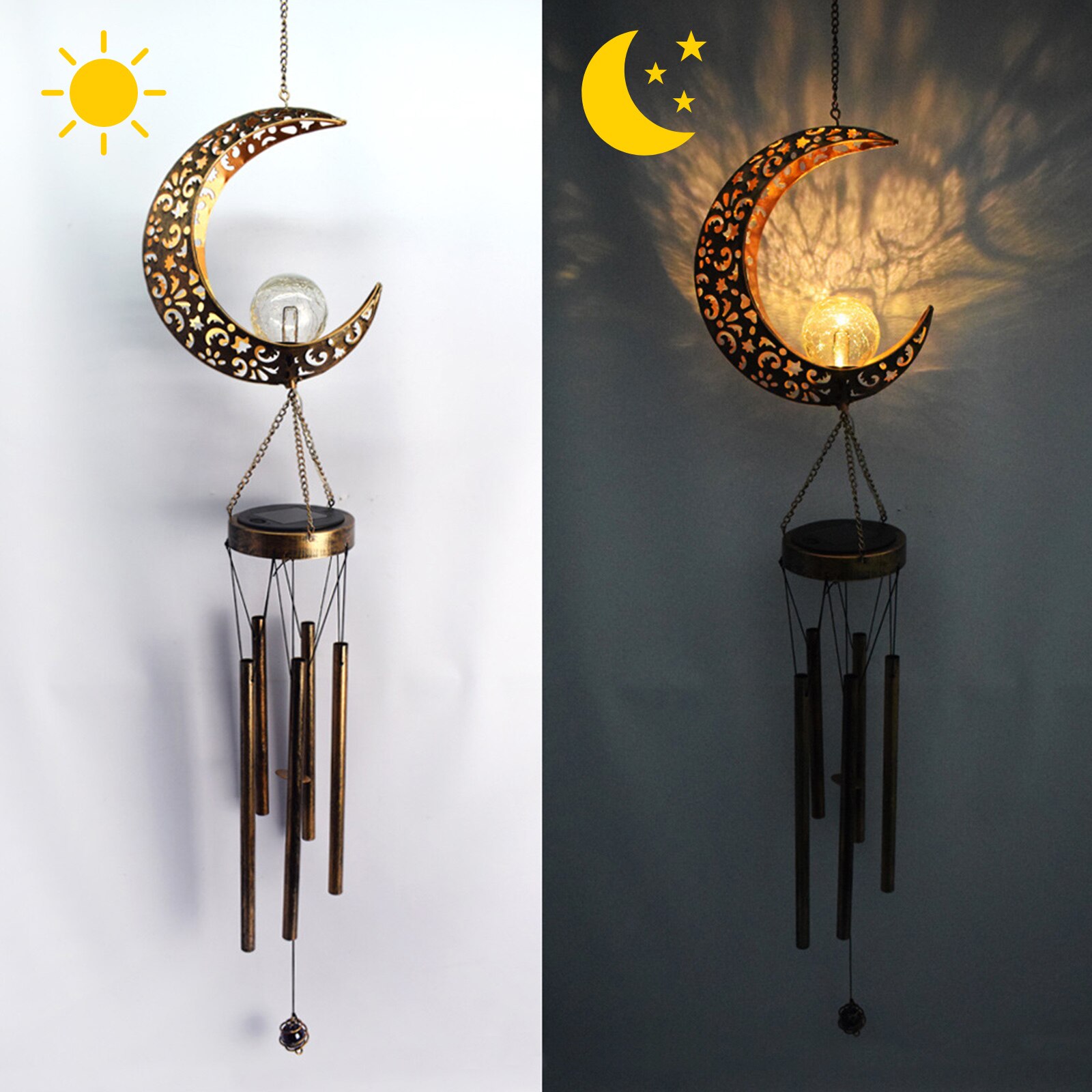 LED Solar Wind Chimes Light Outdoor Waterproof Moon Star Garden Patio Yard Wind Bell Art Iron Decorative Solar Lamp for Dropship
