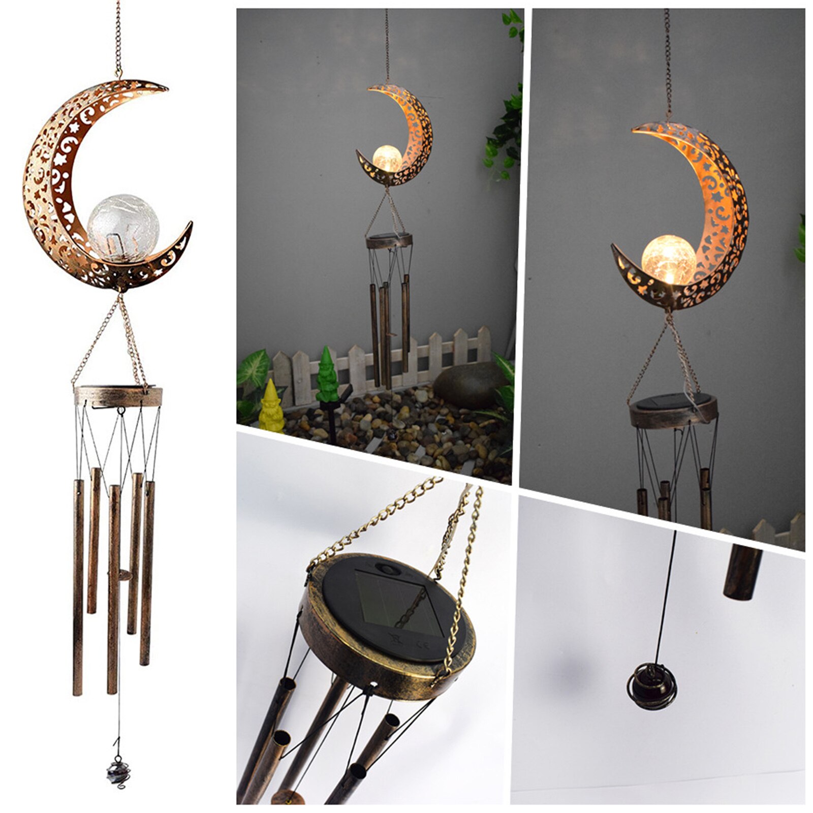 LED Solar Wind Chimes Light Outdoor Waterproof Moon Star Garden Patio Yard Wind Bell Art Iron Decorative Solar Lamp for Dropship