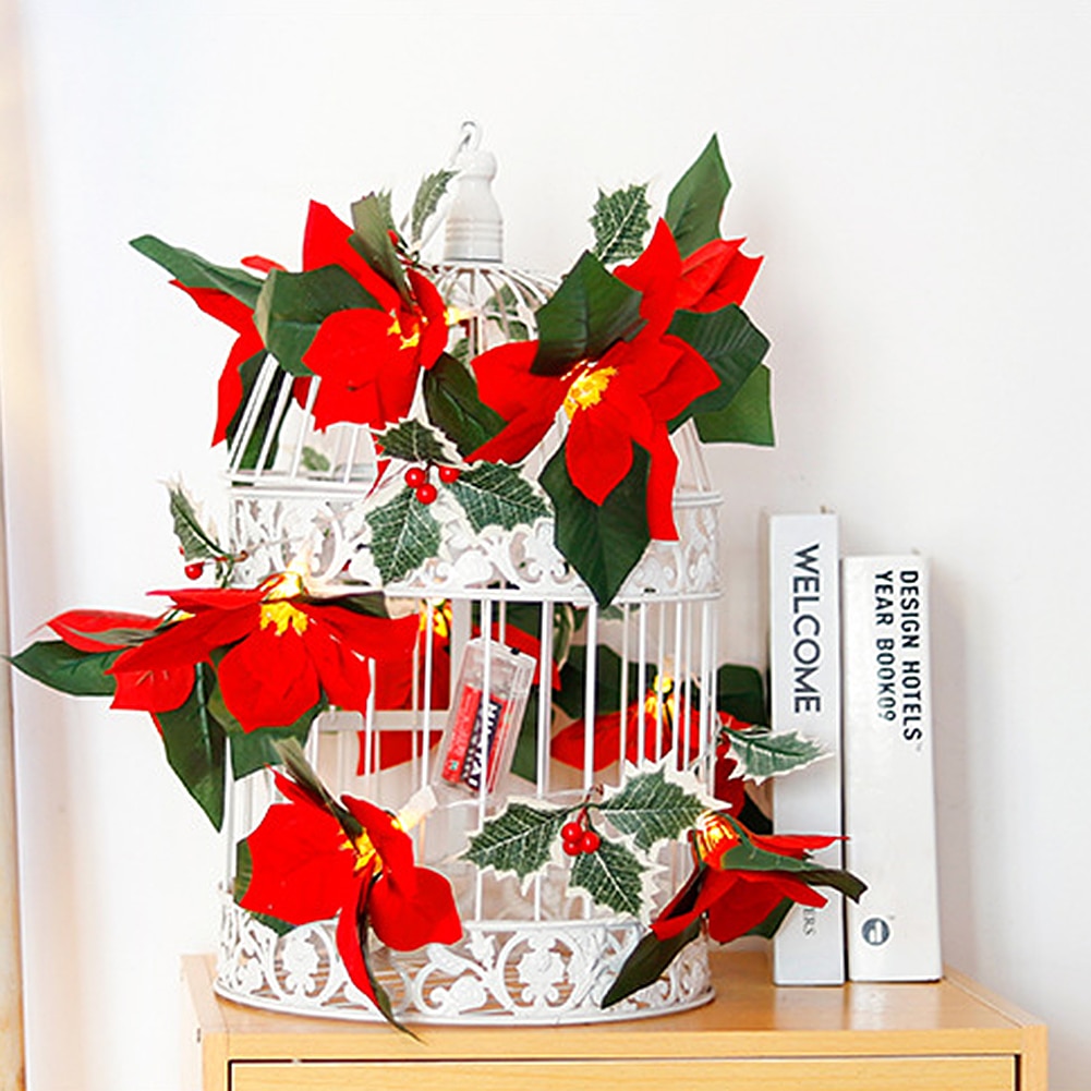 2m 10LED Christmas Poinsettia Flowers Decorations Garland String Lights Xmas Tree Ornaments Christmas Indoor Outdoor Home Decor