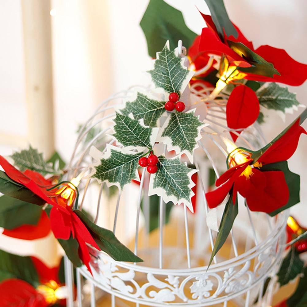 2m 10LED Christmas Poinsettia Flowers Decorations Garland String Lights Xmas Tree Ornaments Christmas Indoor Outdoor Home Decor