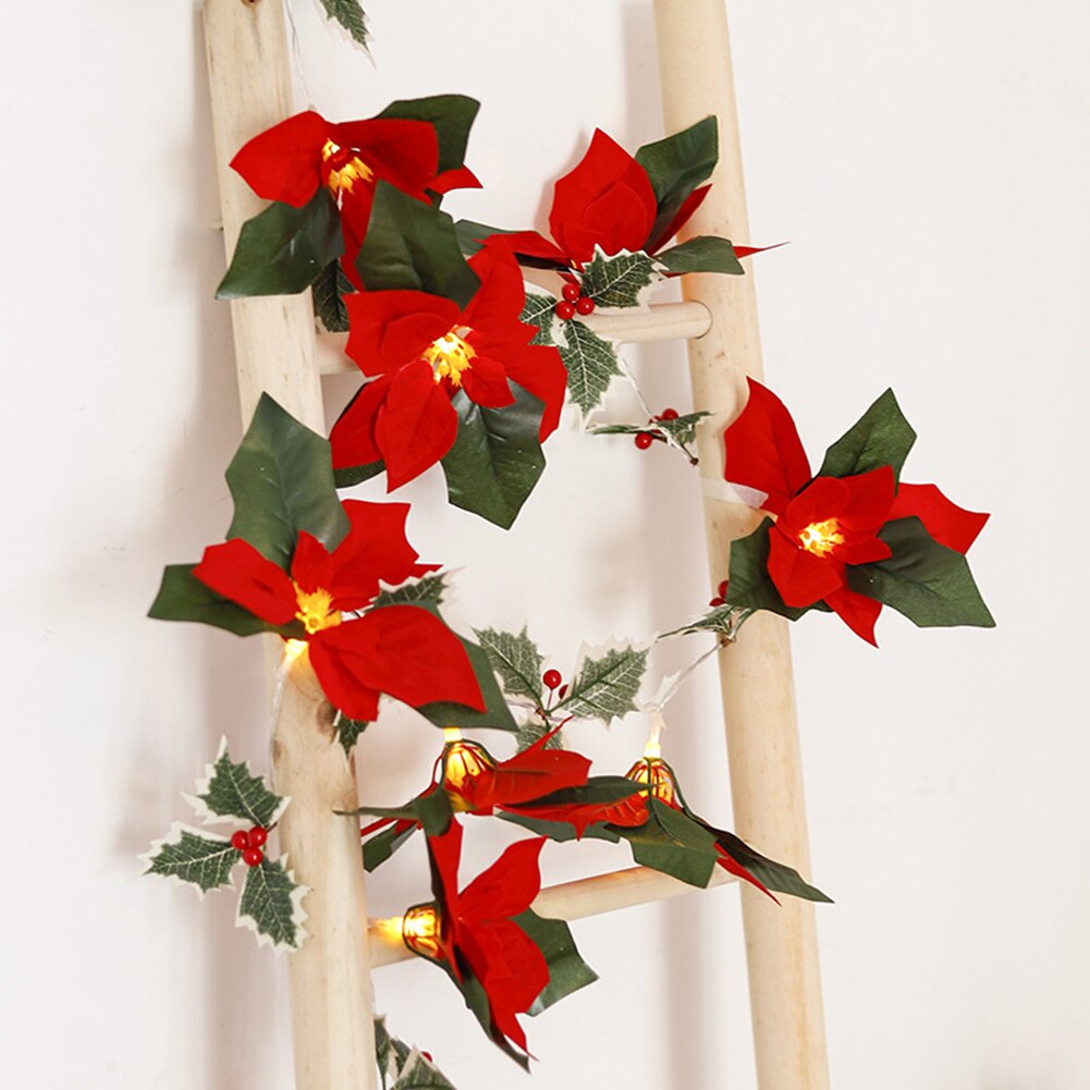 2m 10LED Christmas Poinsettia Flowers Decorations Garland String Lights Xmas Tree Ornaments Christmas Indoor Outdoor Home Decor