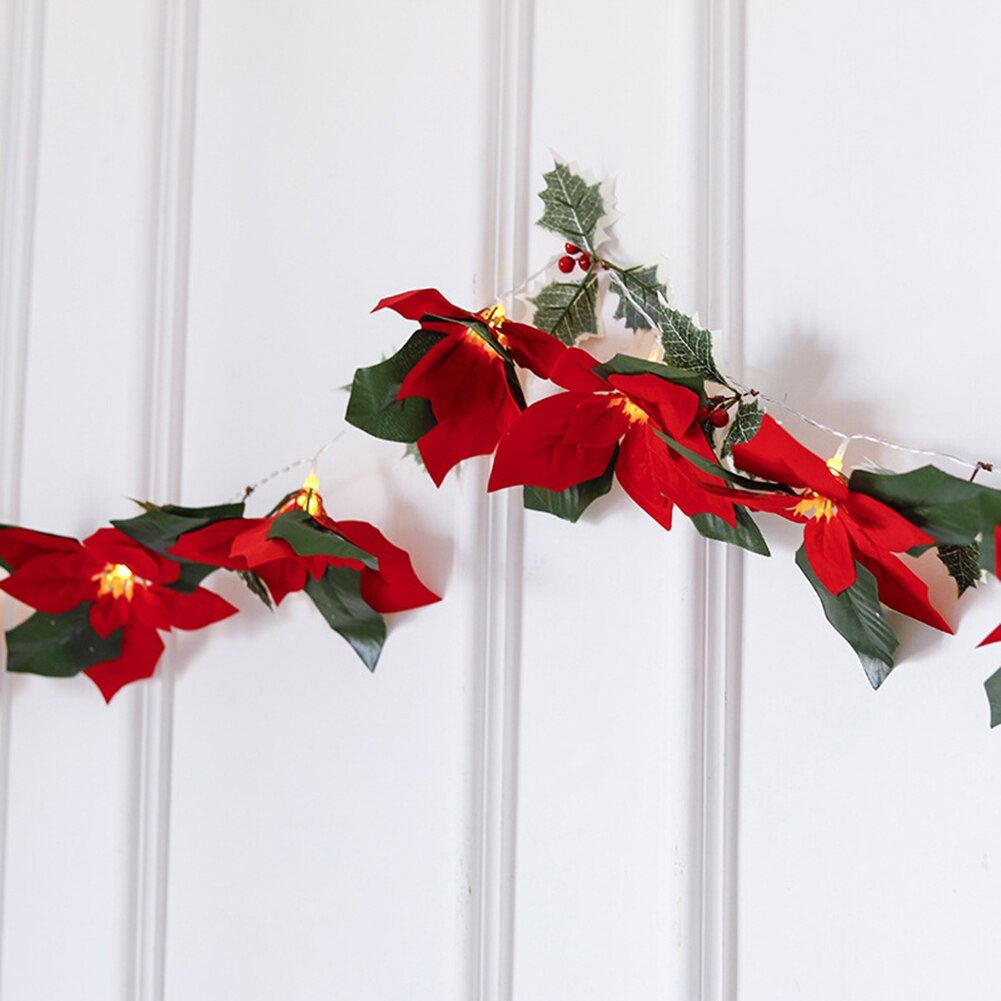 2m 10LED Christmas Poinsettia Flowers Decorations Garland String Lights Xmas Tree Ornaments Christmas Indoor Outdoor Home Decor