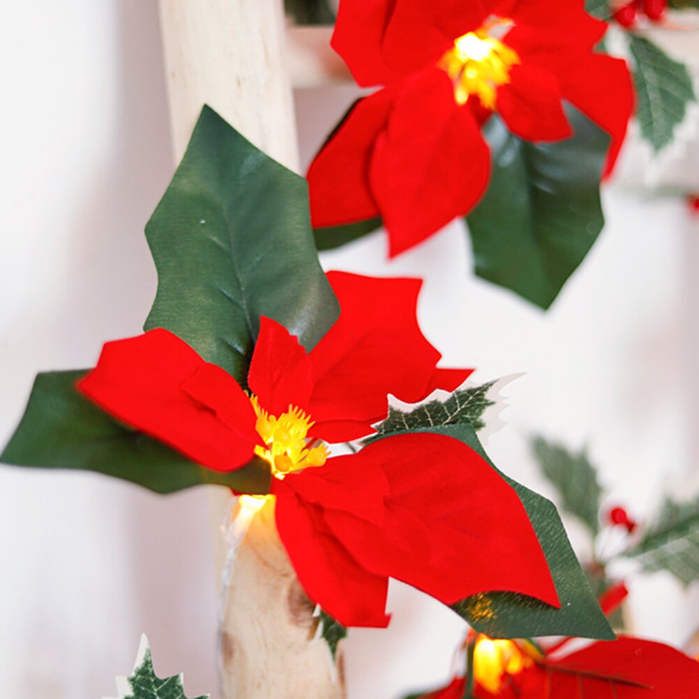 2m 10LED Christmas Poinsettia Flowers Decorations Garland String Lights Xmas Tree Ornaments Christmas Indoor Outdoor Home Decor