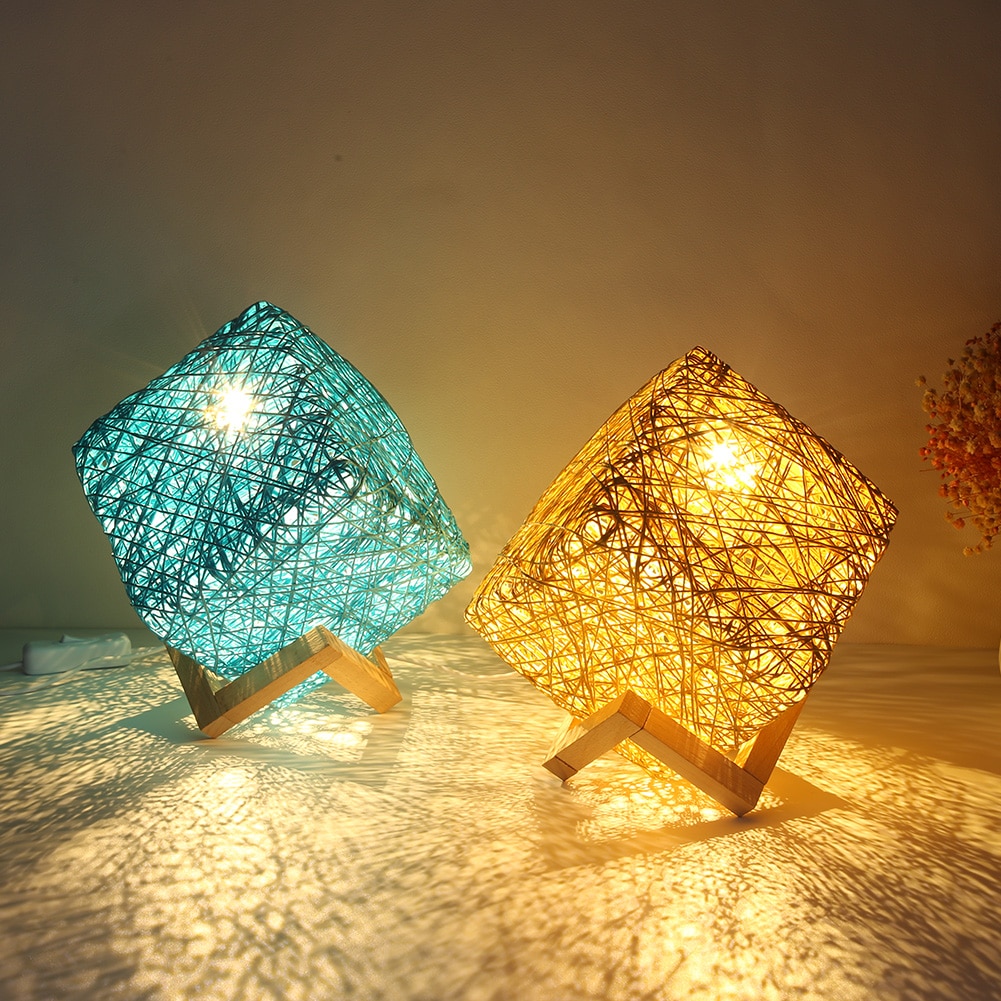Nordic LED Rattan Night Light Table Lamp Creative Bracket Bedside Starry Sky Projection Lamp Home Party Decoration Lighting Gift