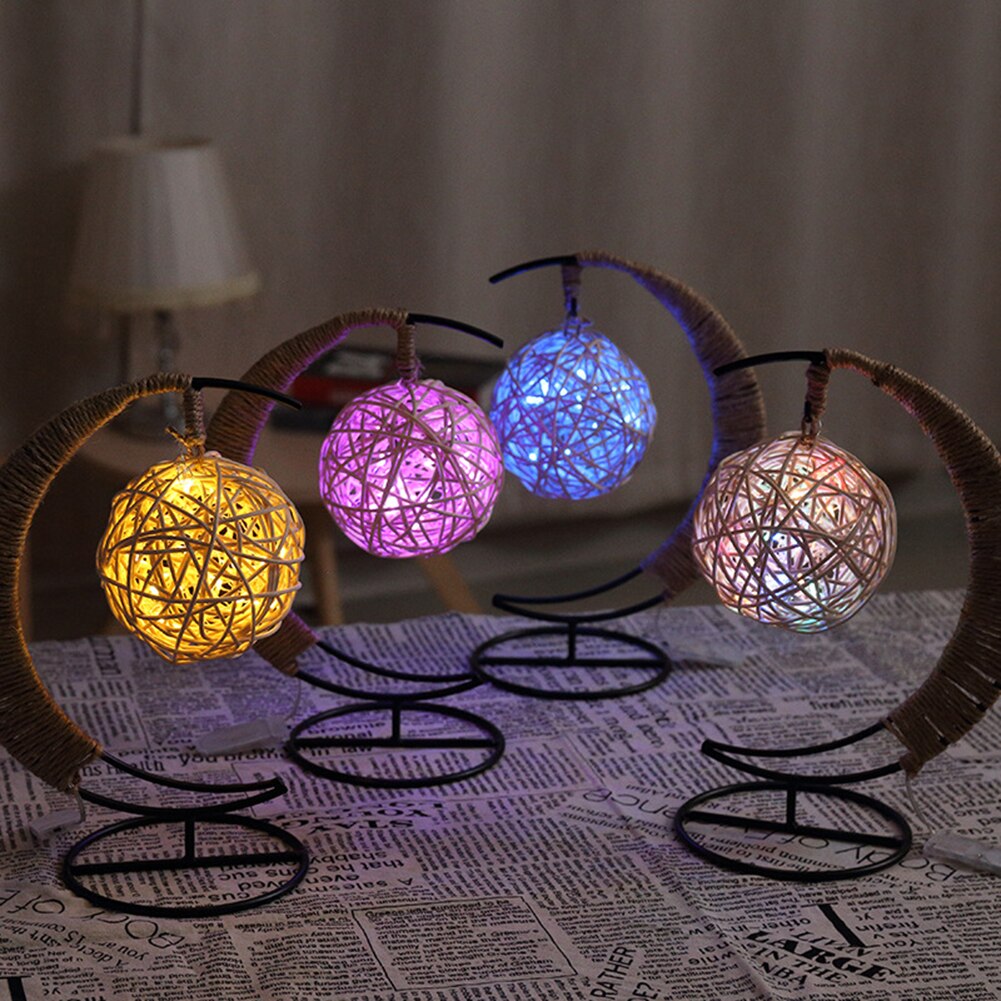 LED Moon Lamp Rattan Handmade Rope Wrought Iron Glass Ball Night Light Home Living Room Decoration Sleeping Lantern Lighting