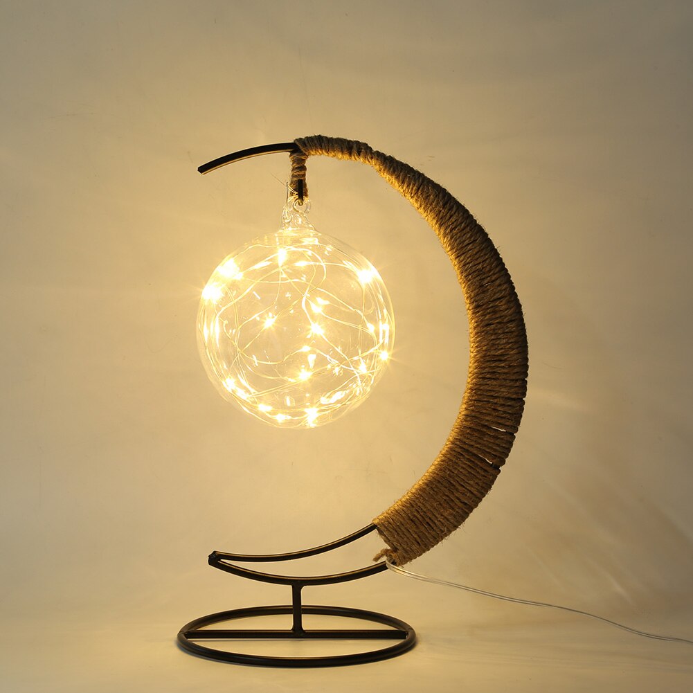 LED Moon Lamp Rattan Handmade Rope Wrought Iron Glass Ball Night Light Home Living Room Decoration Sleeping Lantern Lighting