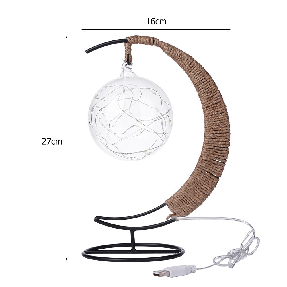 LED Moon Lamp Rattan Handmade Rope Wrought Iron Glass Ball Night Light Home Living Room Decoration Sleeping Lantern Lighting