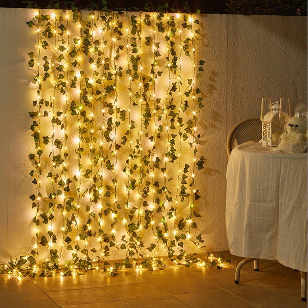 LED Solar String Lights Outdoor Garden Courtyard Rattan Light String Maple Leaf Lamp Green Leaf Cane Lantern for Christmas Decor