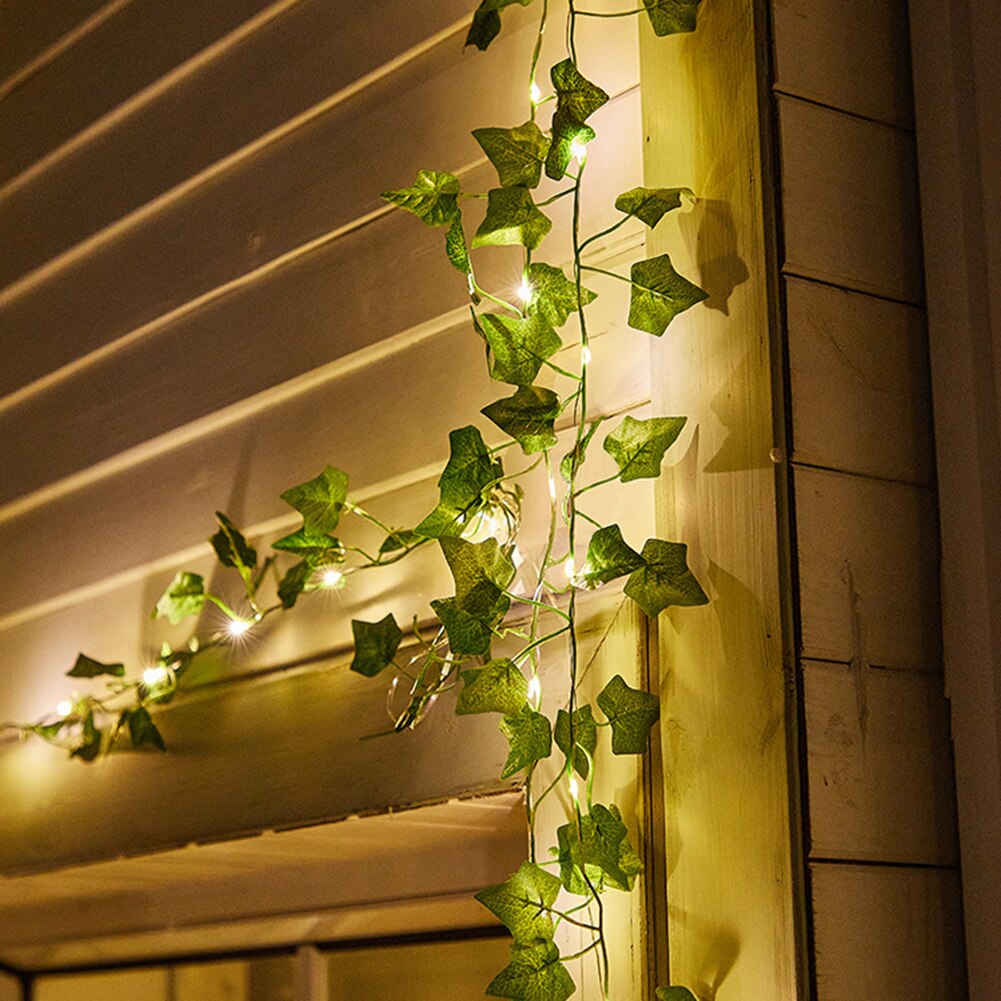 LED Solar String Lights Outdoor Garden Courtyard Rattan Light String Maple Leaf Lamp Green Leaf Cane Lantern for Christmas Decor