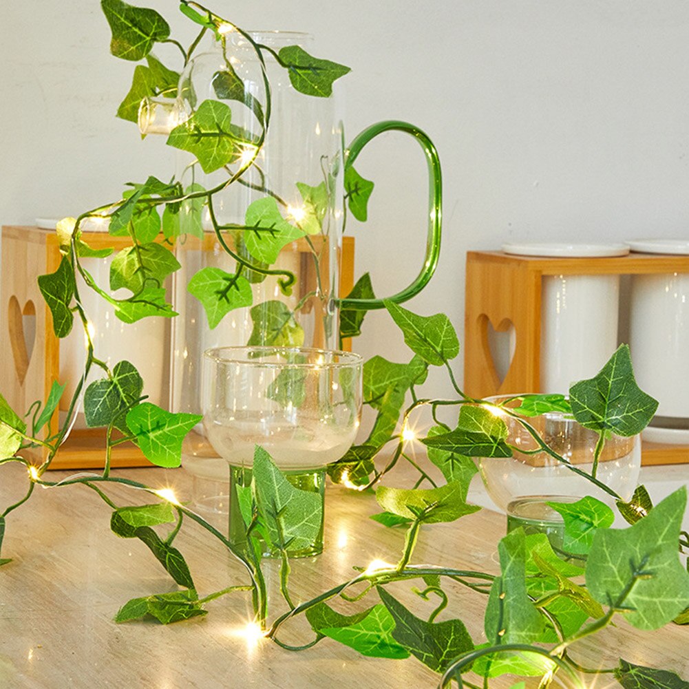 LED Solar String Lights Outdoor Garden Courtyard Rattan Light String Maple Leaf Lamp Green Leaf Cane Lantern for Christmas Decor