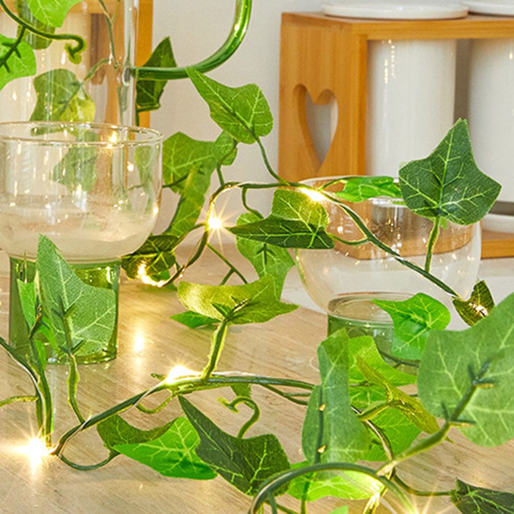 LED Solar String Lights Outdoor Garden Courtyard Rattan Light String Maple Leaf Lamp Green Leaf Cane Lantern for Christmas Decor