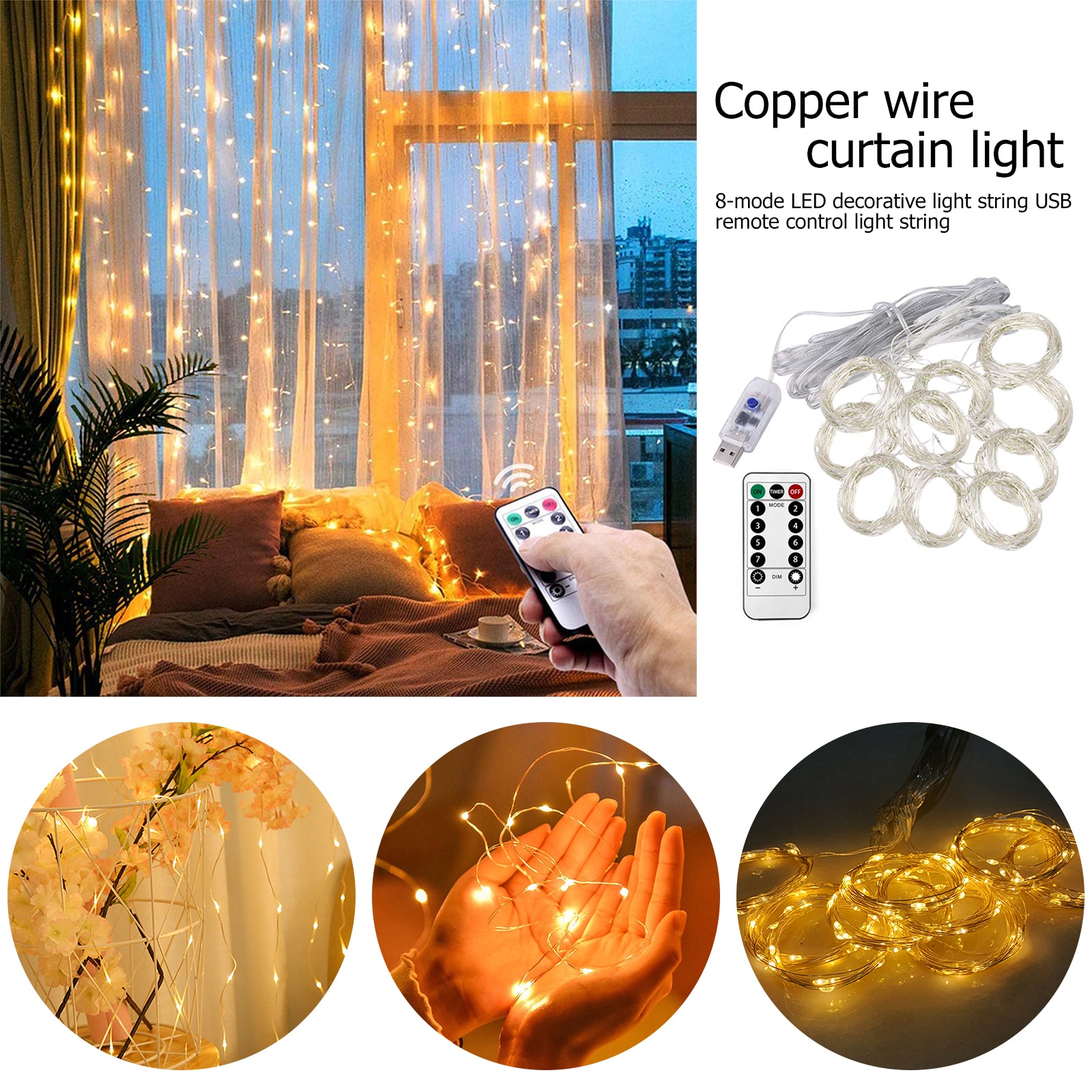 3M LED Fairy Curtain String Lights Garland 8 Mode USB Remote Control Curtain Lamp for Home New Year Holiday Christmas Decoration