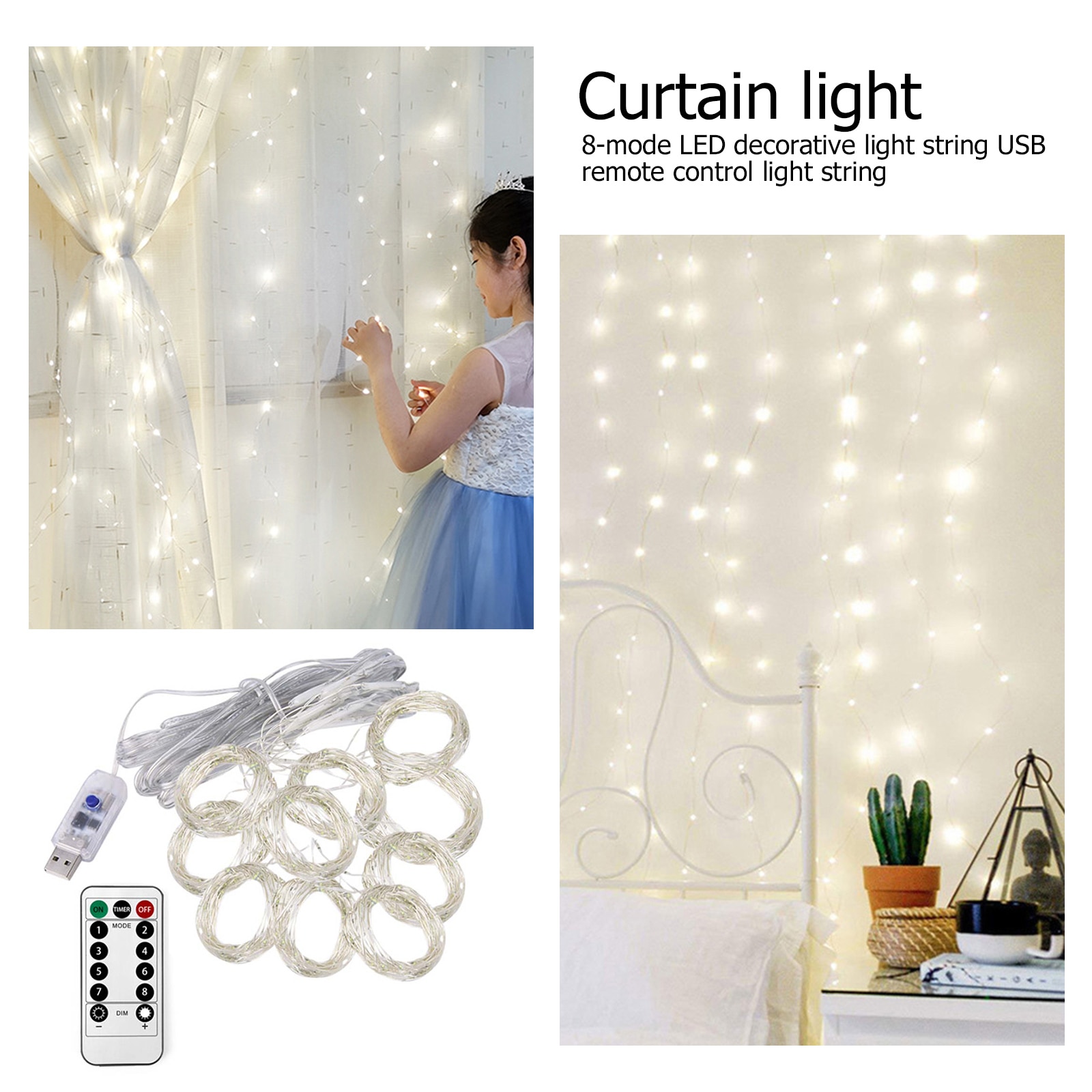 3M LED Fairy Curtain String Lights Garland 8 Mode USB Remote Control Curtain Lamp for Home New Year Holiday Christmas Decoration