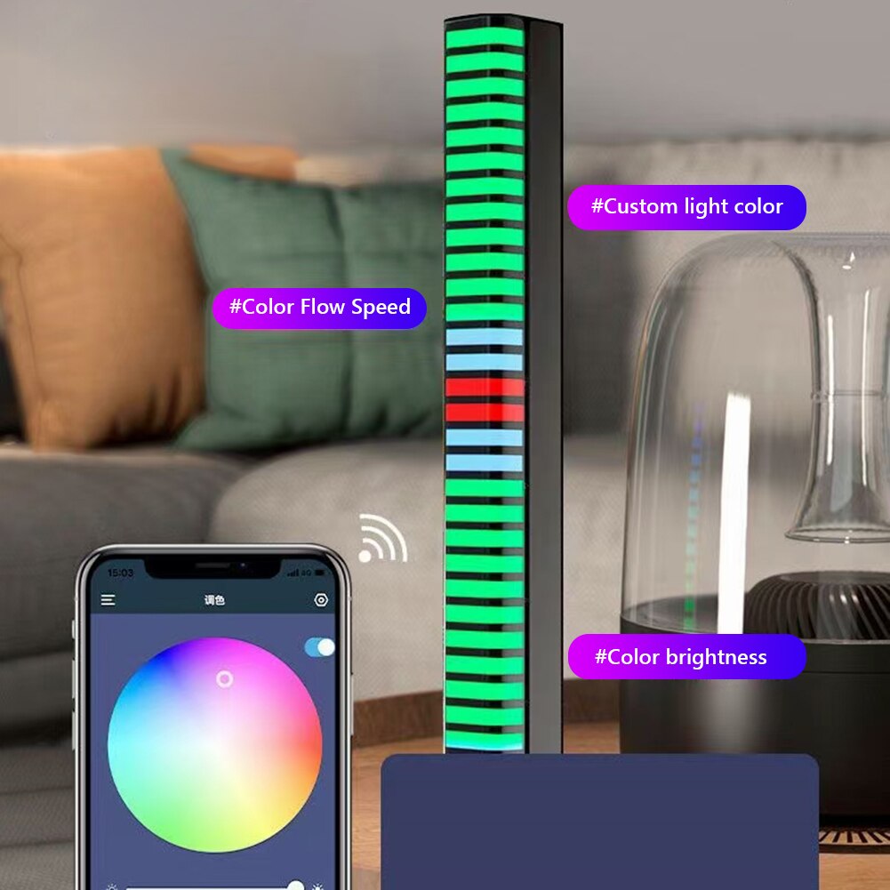 APP Control 32 LED 3D RGB Voice-Activated Pickup Rhythm Strip Light Colorful Tube USB 5V Rechargeable Battery Music Ambient Lamp