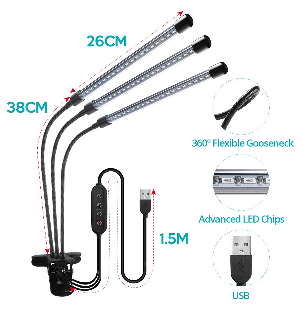 4 Heads USB LED Grow Light Full Spectrum Desktop Clip Phytolamps 9W 18W 27W Phyto Lamp for Plants Flower Greenhouse Hydroponic