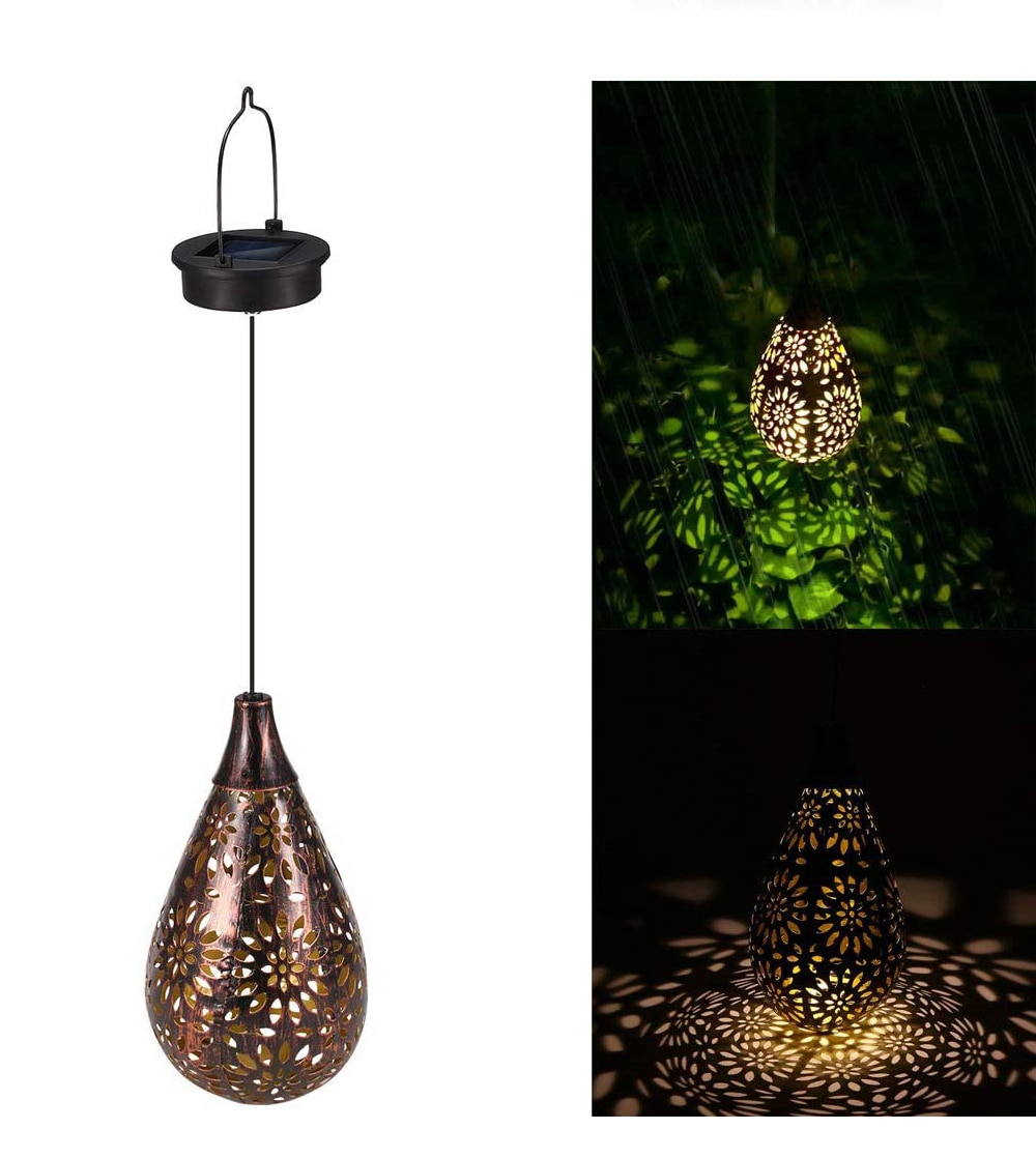 Solar LED Lron Art Hollow Water Drop Light/Olive Lamp Hanging Projector Lamp Solar Light Outdoor Decorative Lamp For Garden Yard
