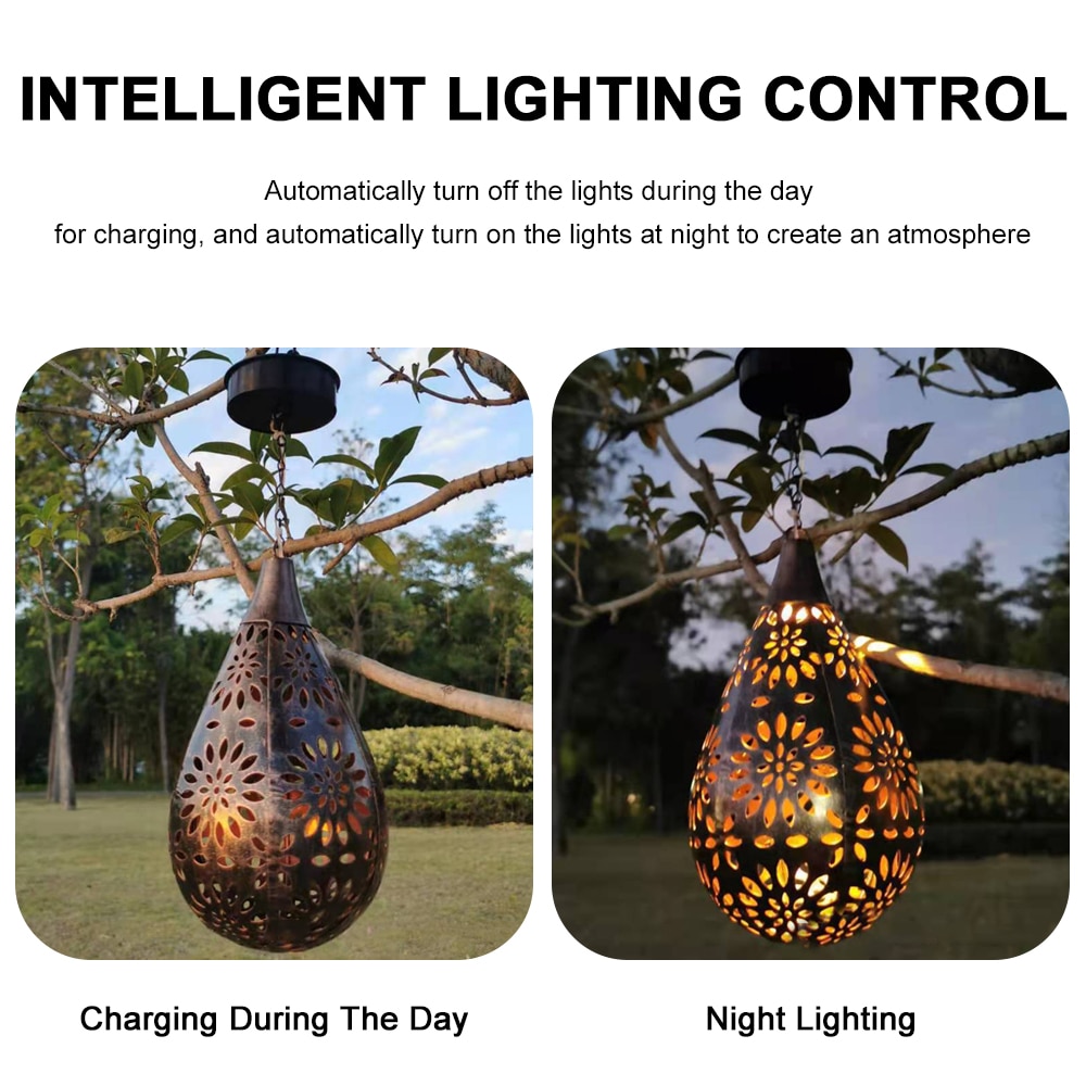 Solar LED Lron Art Hollow Water Drop Light/Olive Lamp Hanging Projector Lamp Solar Light Outdoor Decorative Lamp For Garden Yard