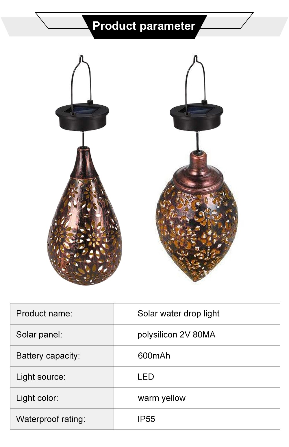 Solar LED Lron Art Hollow Water Drop Light/Olive Lamp Hanging Projector Lamp Solar Light Outdoor Decorative Lamp For Garden Yard