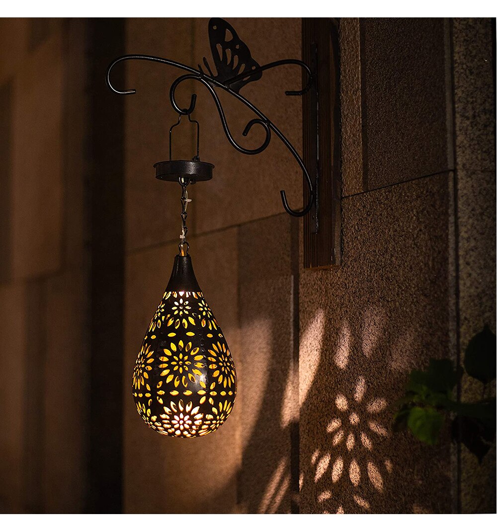 Solar LED Lron Art Hollow Water Drop Light/Olive Lamp Hanging Projector Lamp Solar Light Outdoor Decorative Lamp For Garden Yard