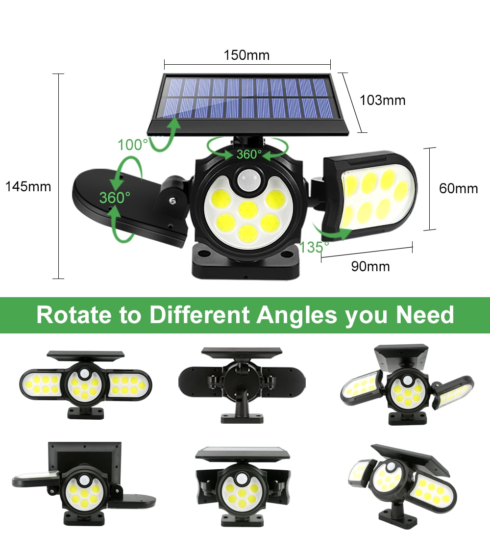 140 COB Outdoor Solar Lights Three Head Lighting Lawn Ground Lamp PIR Motion Sensor Landscape Spotlights For Garden Courtyard
