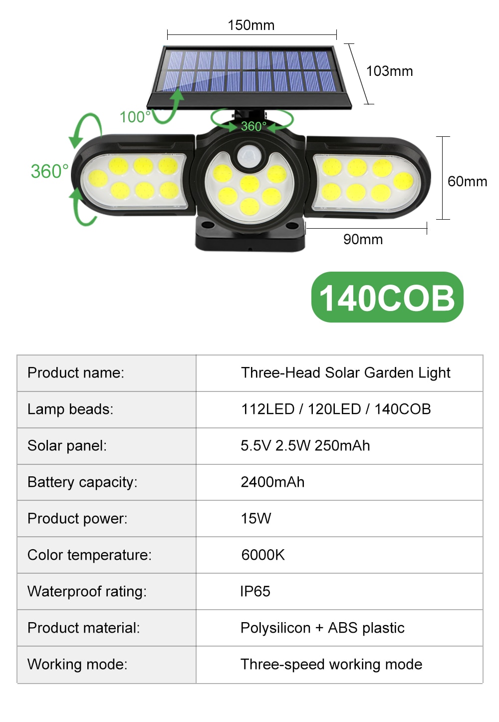 140 COB Outdoor Solar Lights Three Head Lighting Lawn Ground Lamp PIR Motion Sensor Landscape Spotlights For Garden Courtyard