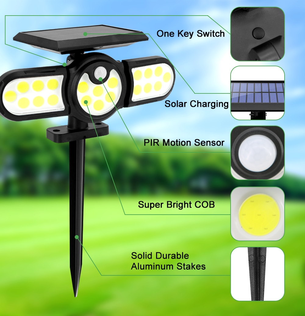 140 COB Outdoor Solar Lights Three Head Lighting Lawn Ground Lamp PIR Motion Sensor Landscape Spotlights For Garden Courtyard