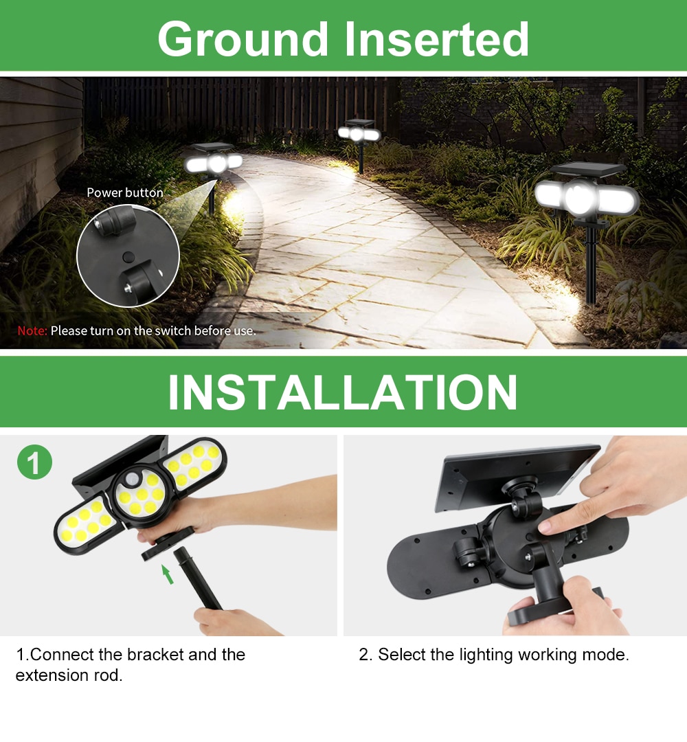 140 COB Outdoor Solar Lights Three Head Lighting Lawn Ground Lamp PIR Motion Sensor Landscape Spotlights For Garden Courtyard
