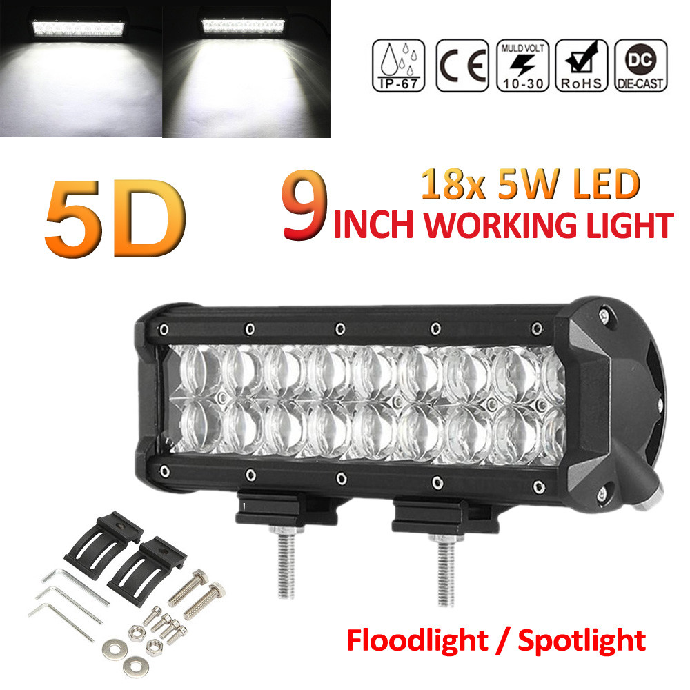 9inch 90W Waterproof IP 68 9000LM 5D Lens LED Light Bar Flood Spot Work Lamp SUV ATV 4WD