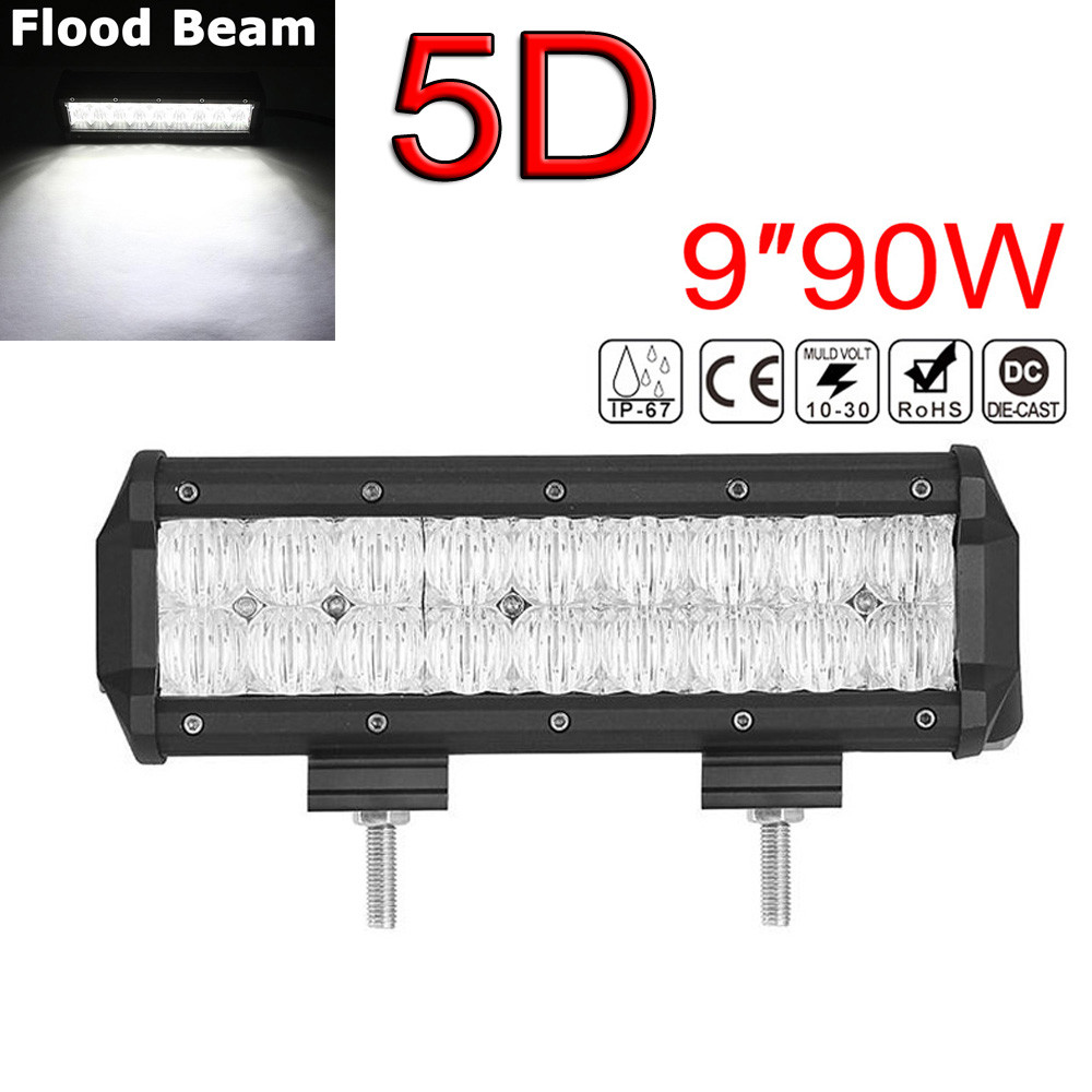 9inch 90W Waterproof IP 68 9000LM 5D Lens LED Light Bar Flood Spot Work Lamp SUV ATV 4WD
