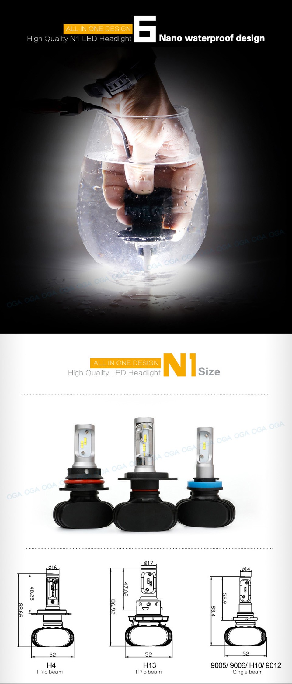 OGA 2PCS 8000LM 2016 New Arrival H4 HB2 9003 Car LED Head Lamp Headlight Conversion Kit Auto Bulb All In One DC 12V