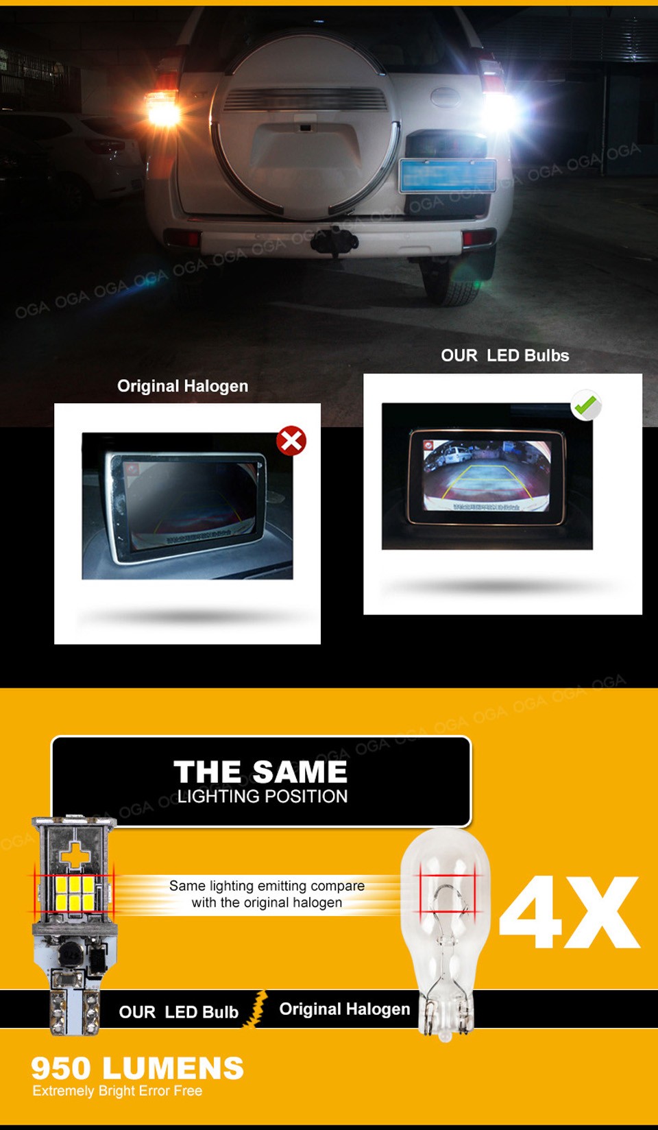 OGA 2 PCS New Upgrade Extremely Bright High Power Canbus SMD3020 912 921 T15 W16W Car LED Back up Light Auto Reverse Lamp Bulb