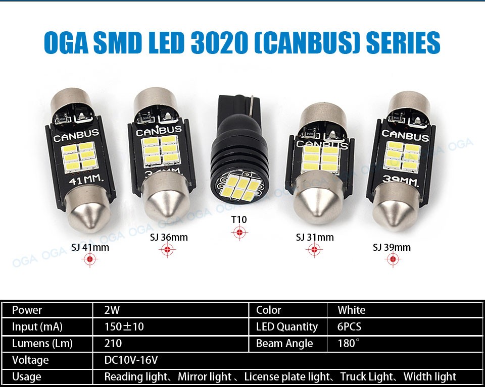 OGA 2 PCS Super Bright Canbus No Error SMD3020 T10 W5W 168 194 Car LED Reading Mirror License plate Width light